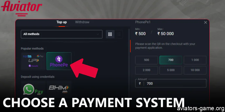 Choose a payment system to make an Aviator deposit